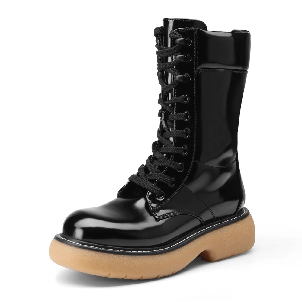 Platform Combat Boots Chunky Lug Sole Lace Up Black Boots Mid Calf Moto New